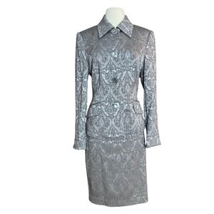 Vintage Women Small Vampire Corporate Goth Brocade Sliver Blazer Skirt Suit